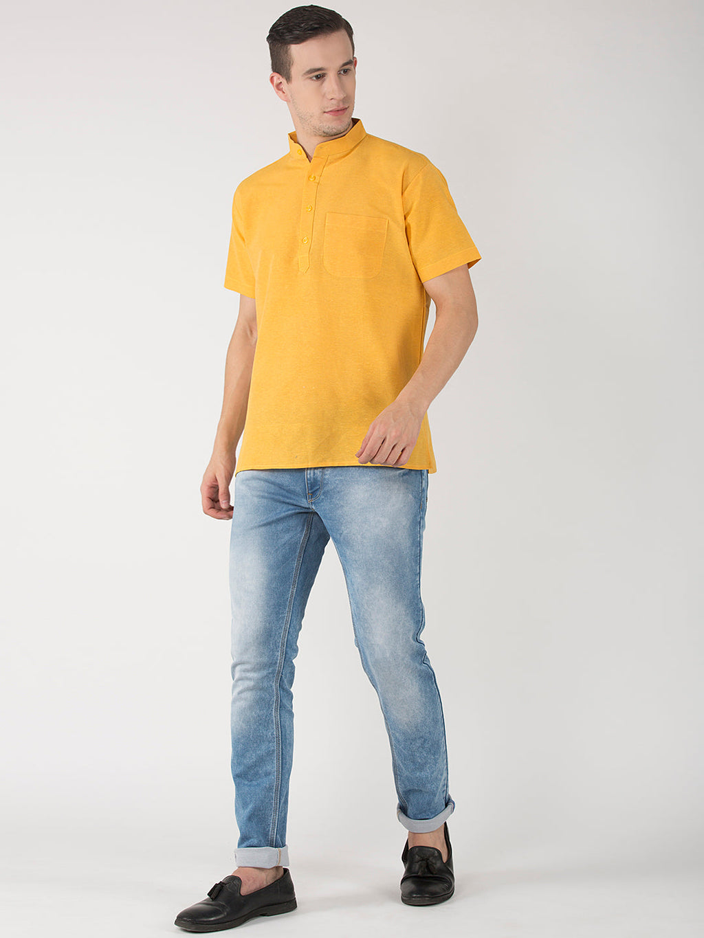 RIAG Men's Yellow Cotton Short Ethnic Kurta | Grocsy