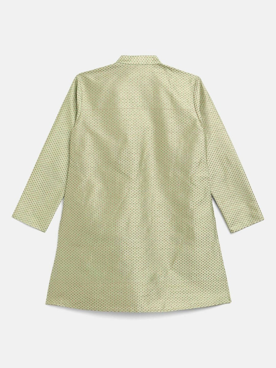 Ahalyaa Green Poly Silk Gold Print Kids Kurta Churidar Set For Boys | Grocsy