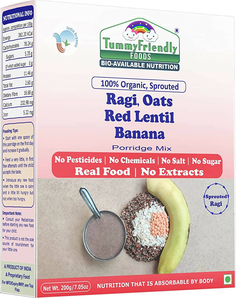 TummyFriendly Foods Organic Sprouted Ragi, Oats, Red Lentil, Banana Porridge Mix | Grocsy