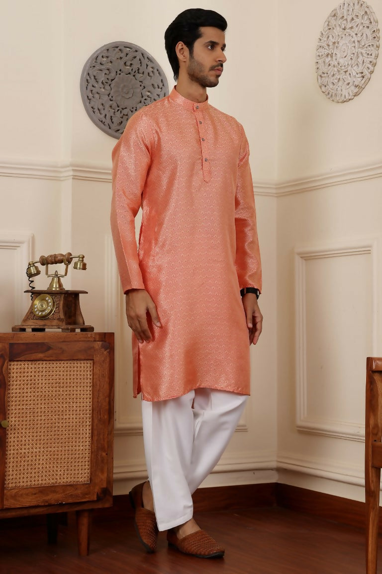 Orange Viscose Woven Jacquard Work Men's Rajwadi Kurta Set - Mahotsav | Grocsy