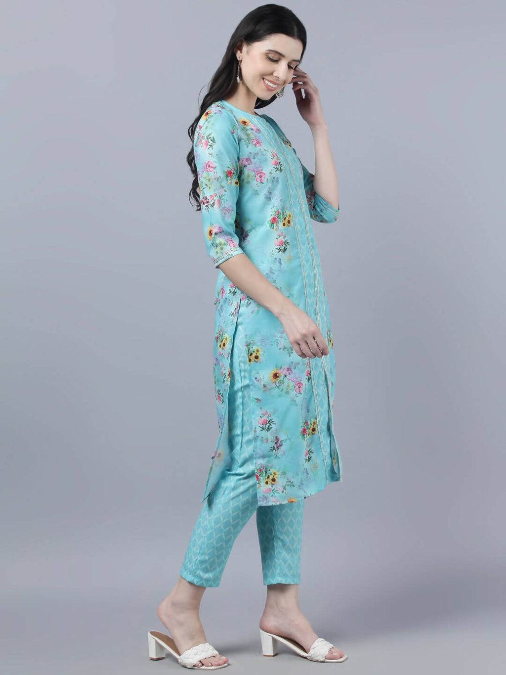 Myshka Women Blue Yellow Printed Kurta with Trousers | Grocsy