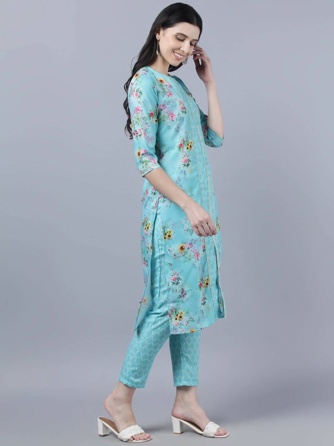 Myshka Women Blue Yellow Printed Kurta with Trousers | Grocsy
