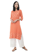 Women's Peach Kurti With Gota Work At Front, With Plain Palazzo - G & A Apparels | Grocsy