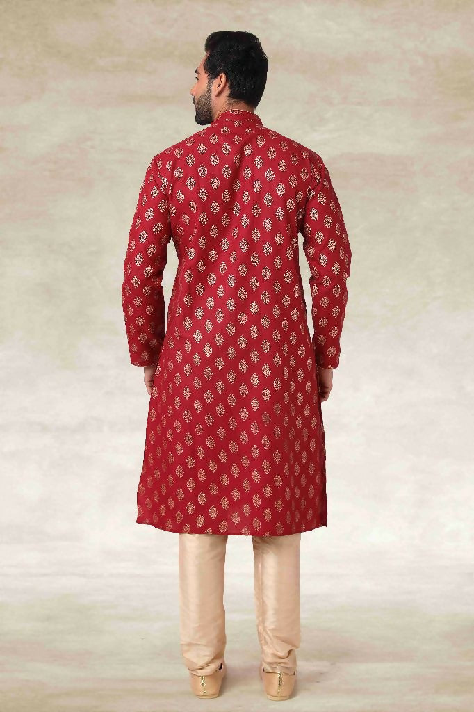 Raivat Ethnic Cotton Printed Work Kurta Pajama In Maroon Colour | Grocsy
