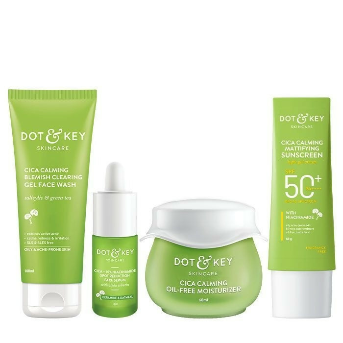 Dot & Key Cica + Niacinamide C + E CSMS (Cleanser, Serum, Moisturizer, Sunscreen) Routine for Oily & Acne Prone Skin | Grocsy