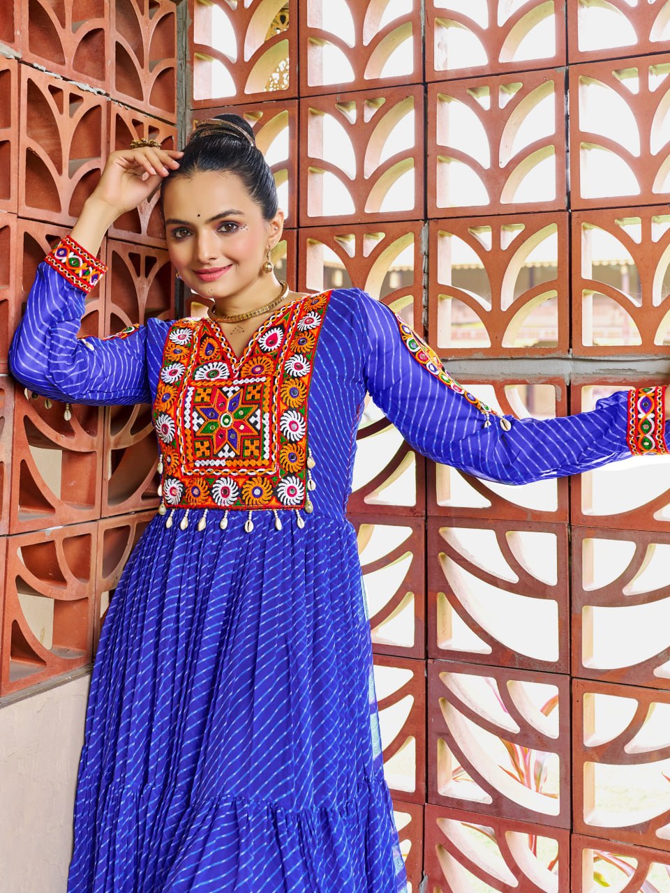 Prazu Fashion Blue Georgette Bandhani Print Work With Kutchi Patch-Work Navaratri Gown | Grocsy