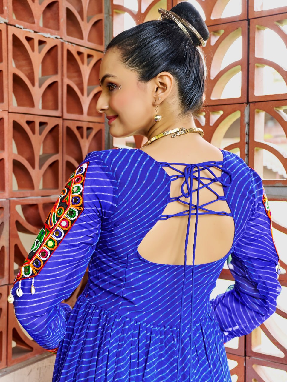 Prazu Fashion Blue Georgette Bandhani Print Work With Kutchi Patch-Work Navaratri Gown | Grocsy