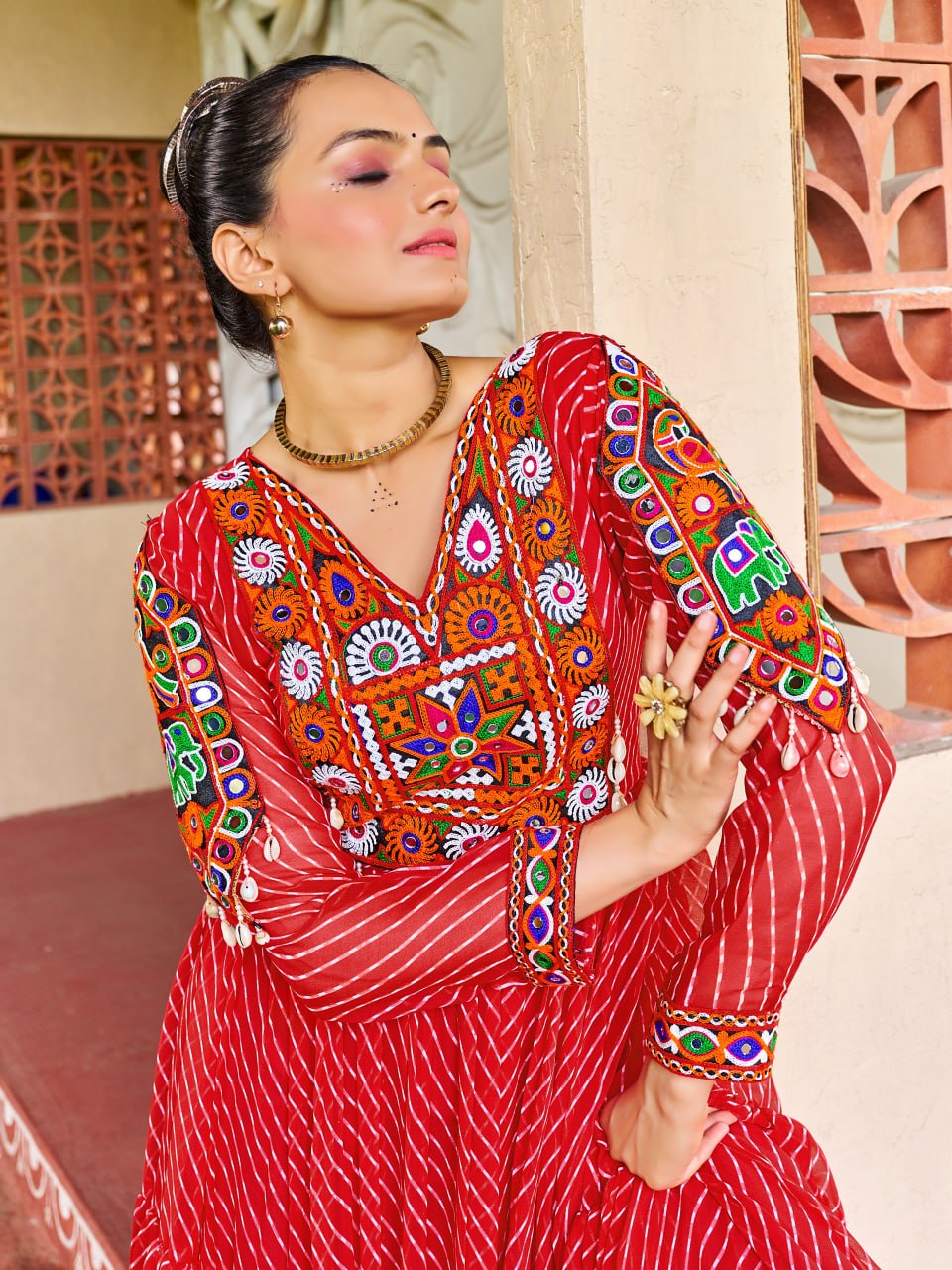 Prazu Fashion Red Georgette Bandhani Print Work With Kutchi Patch-Work Navaratri Gown | Grocsy
