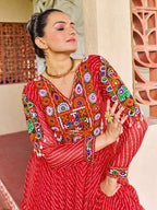 Prazu Fashion Red Georgette Bandhani Print Work With Kutchi Patch-Work Navaratri Gown | Grocsy