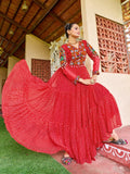 Prazu Fashion Red Georgette Bandhani Print Work With Kutchi Patch-Work Navaratri Gown | Grocsy