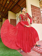 Prazu Fashion Red Georgette Bandhani Print Work With Kutchi Patch-Work Navaratri Gown | Grocsy