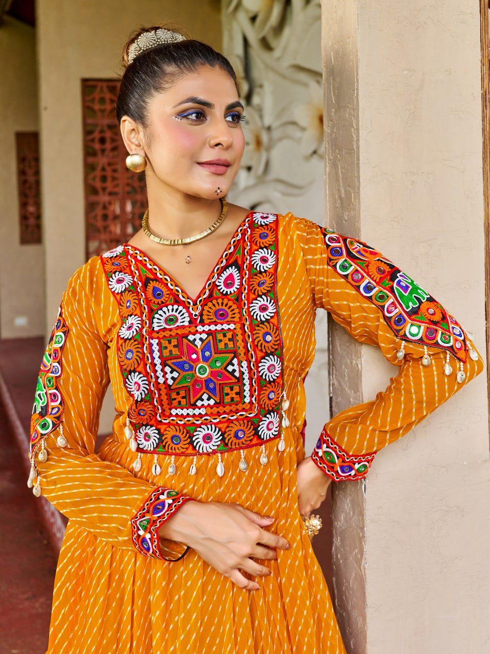 Prazu Fashion Yellow Georgette Bandhani Print Work With Kutchi Patch-Work Navaratri Gown | Grocsy