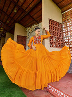 Prazu Fashion Yellow Georgette Bandhani Print Work With Kutchi Patch-Work Navaratri Gown | Grocsy