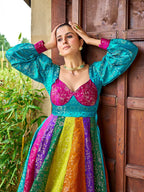 Prazu Fashion Multi Color Gold-Toned Viscose Weaving Navaratri Gown | Grocsy