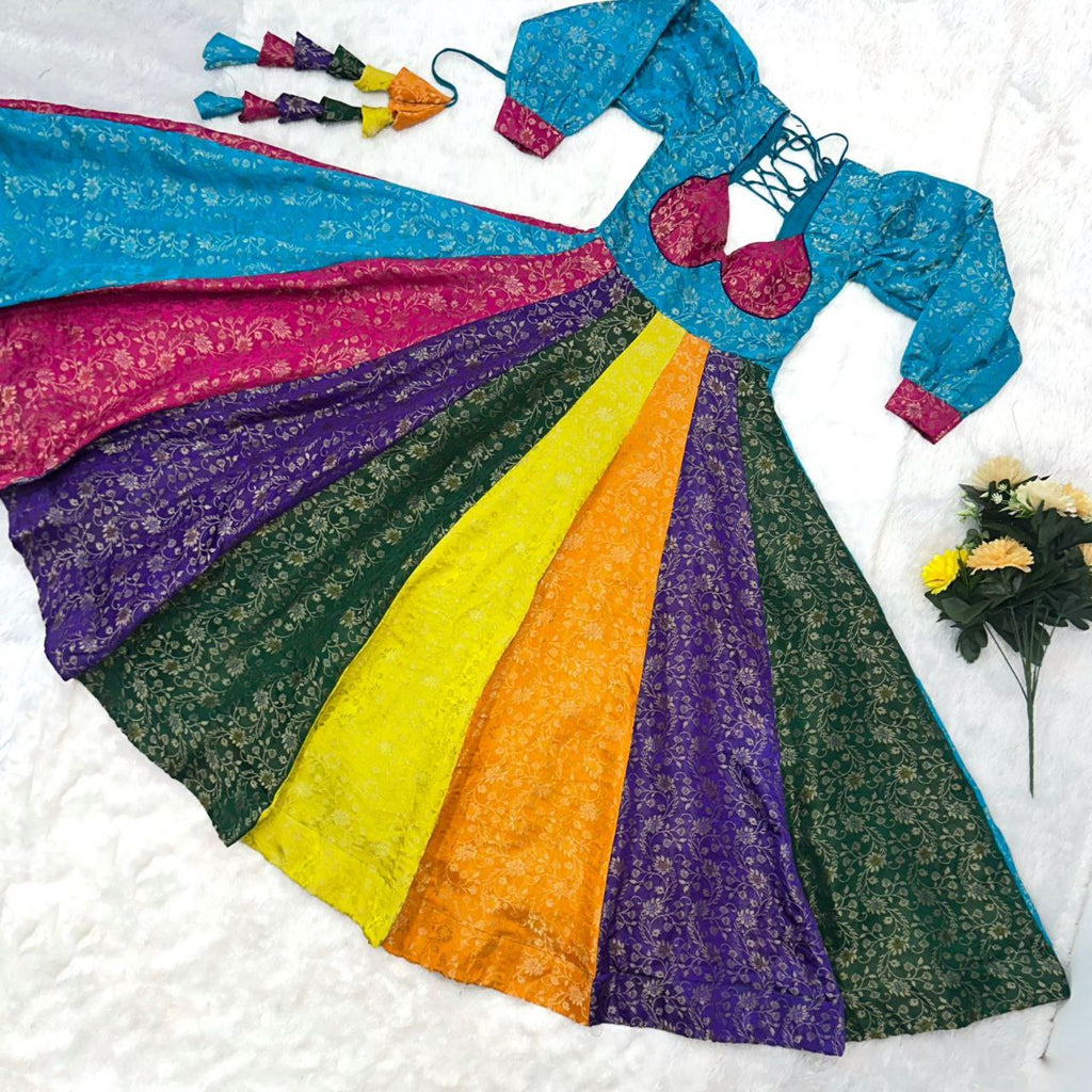 Prazu Fashion Multi Color Gold-Toned Viscose Weaving Navaratri Gown | Grocsy