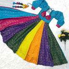 Prazu Fashion Multi Color Gold-Toned Viscose Weaving Navaratri Gown | Grocsy