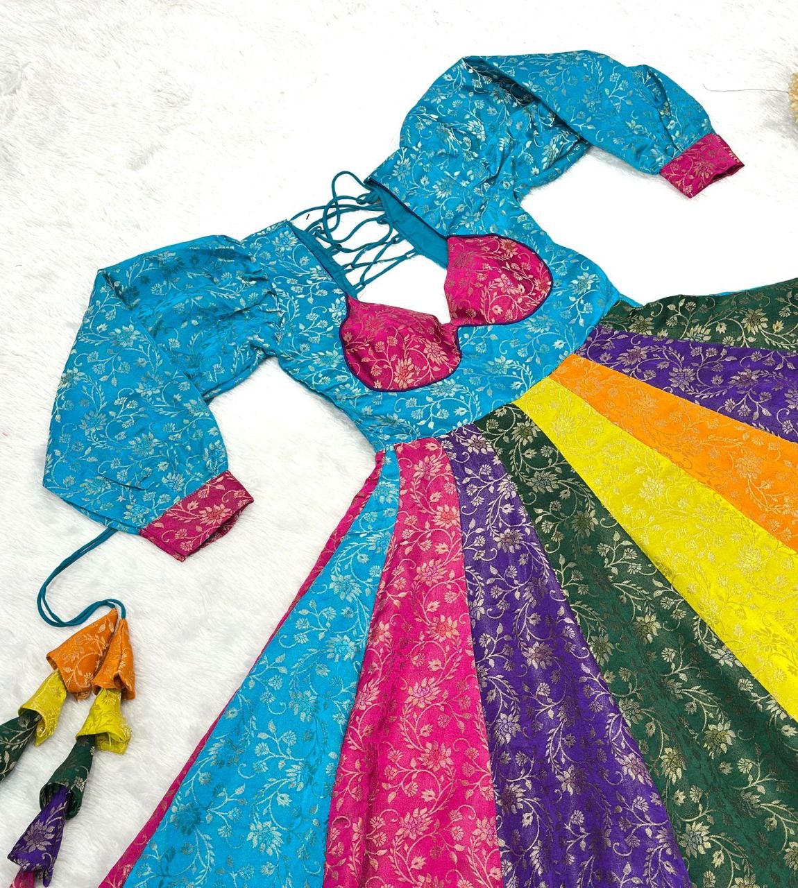 Prazu Fashion Multi Color Gold-Toned Viscose Weaving Navaratri Gown | Grocsy