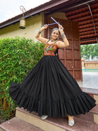 Prazu Fashion Black Soft Cotton With Gaamathi-Mirror Work Navaratri Gown | Grocsy