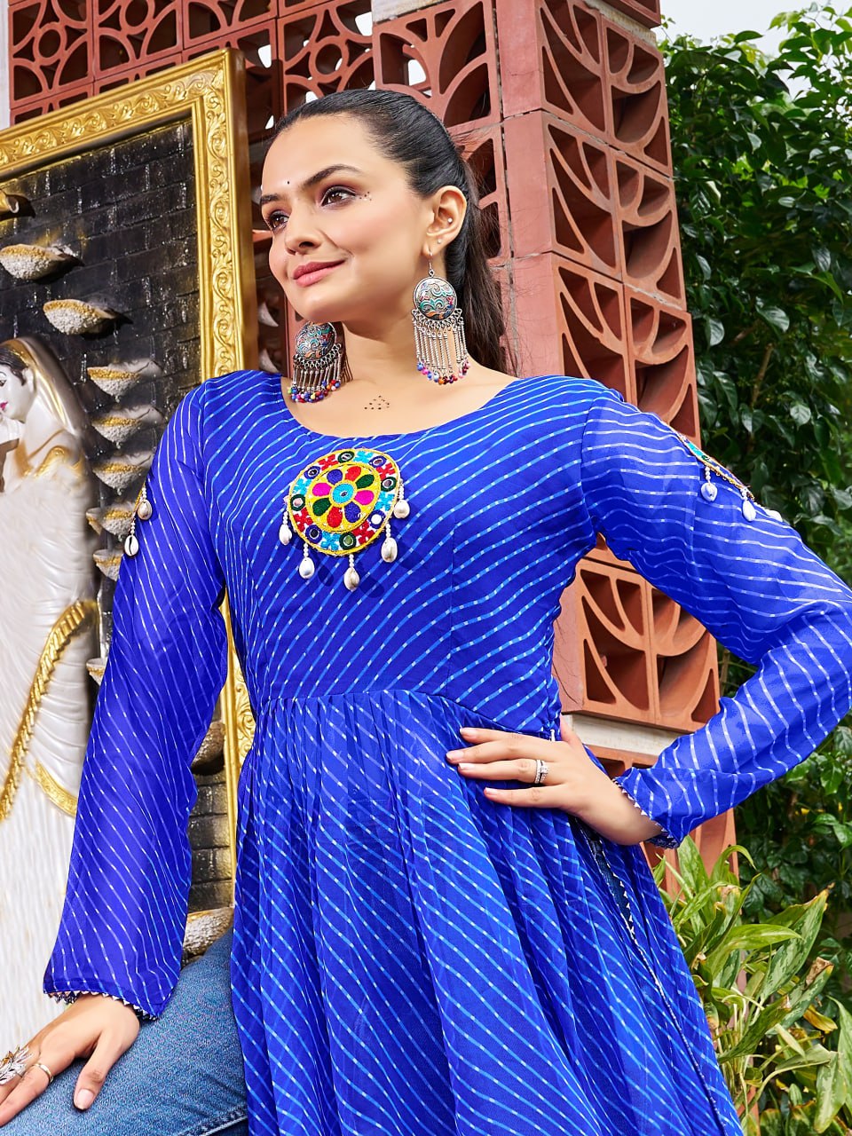 Prazu Fashion Blue Georgette Bandhani Print Work With Kutchi Patch-Work Navaratri Kurti | Grocsy