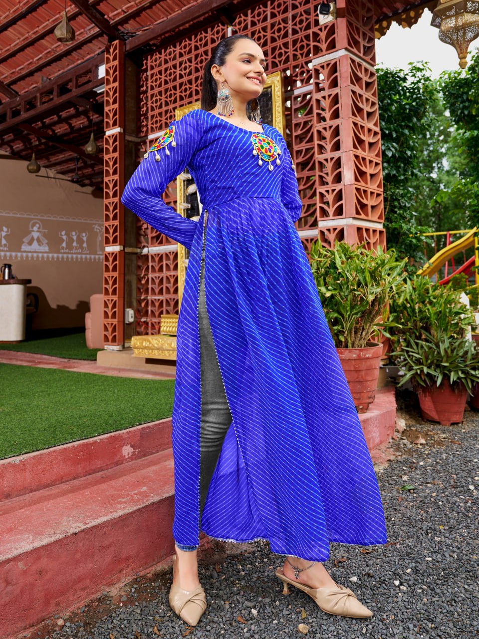 Prazu Fashion Blue Georgette Bandhani Print Work With Kutchi Patch-Work Navaratri Kurti | Grocsy