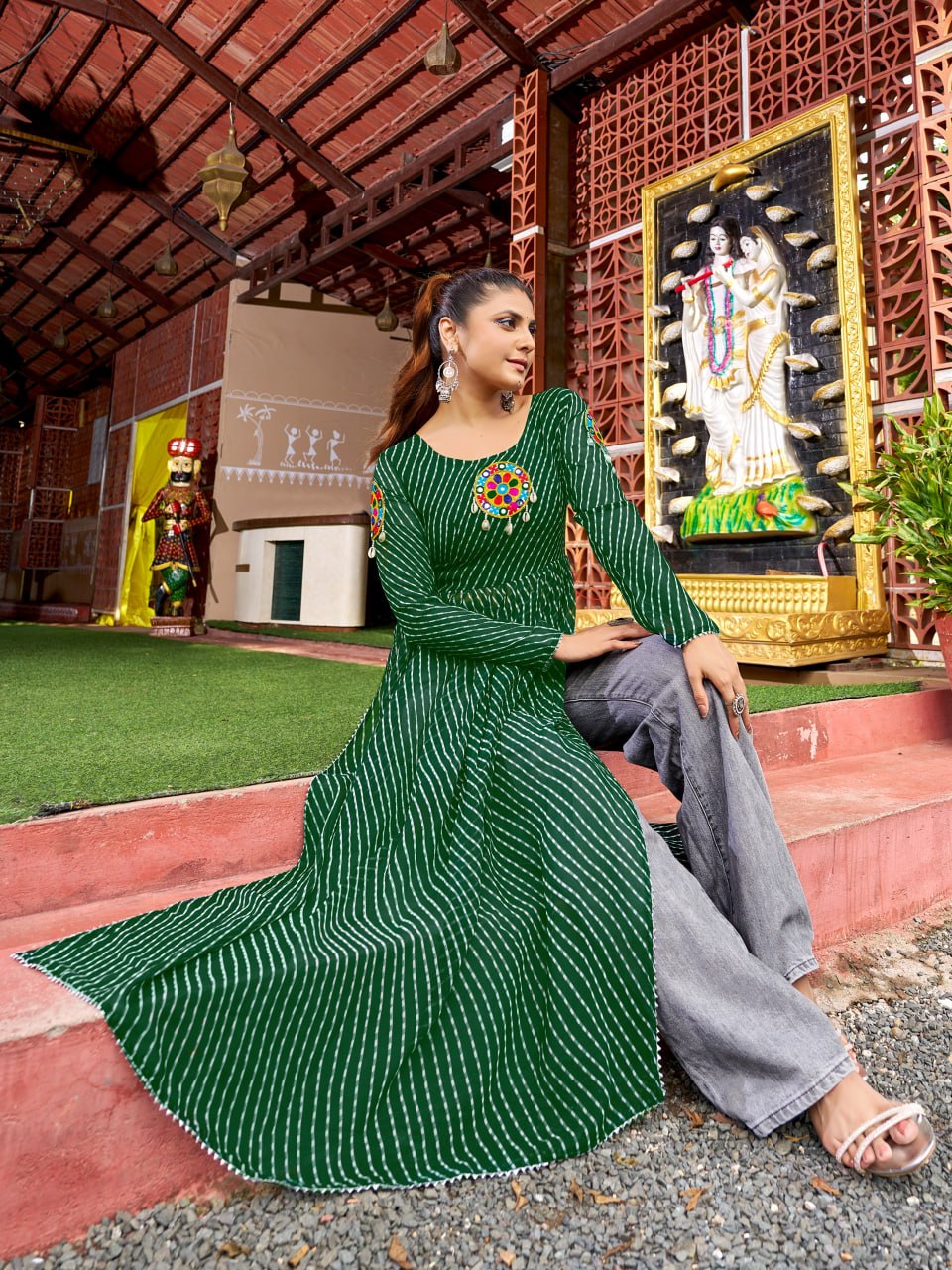 Prazu Fashion Green Georgette Bandhani Print Work With Kutchi Patch-Work Navaratri Kurti | Grocsy