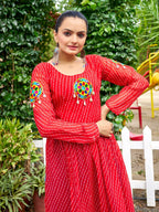 Prazu Fashion Red Georgette Bandhani Print Work With Kutchi Patch-Work Navaratri Kurti | Grocsy