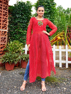 Prazu Fashion Red Georgette Bandhani Print Work With Kutchi Patch-Work Navaratri Kurti | Grocsy