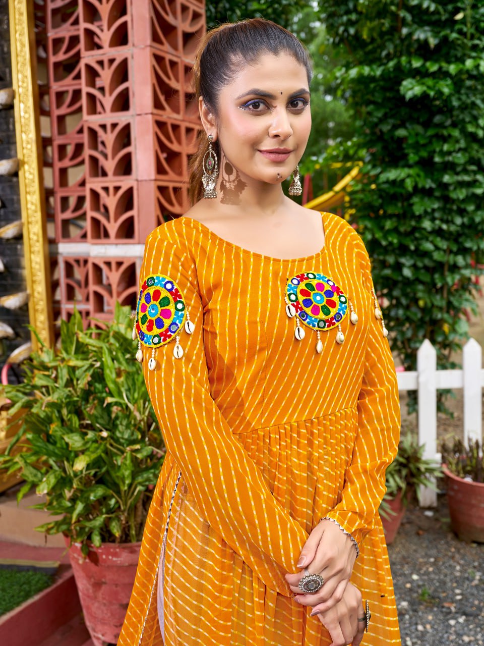 Prazu Fashion Yellow Georgette Bandhani Print Work With Kutchi Patch-Work Navaratri Kurti | Grocsy
