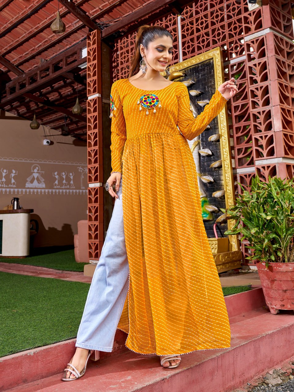 Prazu Fashion Yellow Georgette Bandhani Print Work With Kutchi Patch-Work Navaratri Kurti | Grocsy
