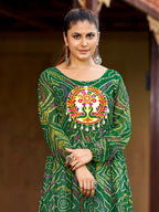 Prazu Fashion Green Georgette Bandhani Print Work With Kutchi Patch-Work Navaratri Kurti | Grocsy