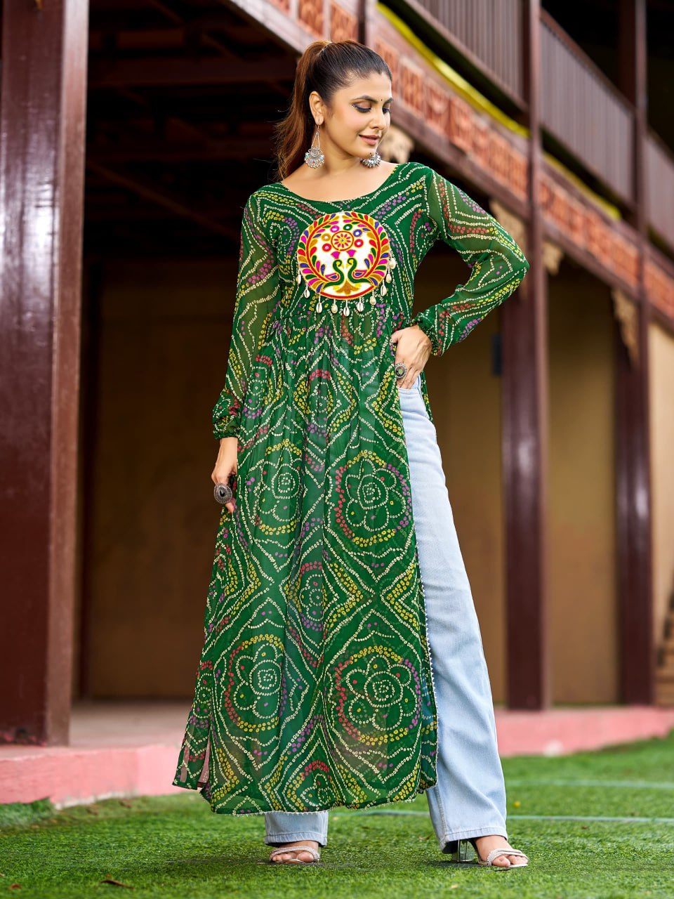 Prazu Fashion Green Georgette Bandhani Print Work With Kutchi Patch-Work Navaratri Kurti | Grocsy
