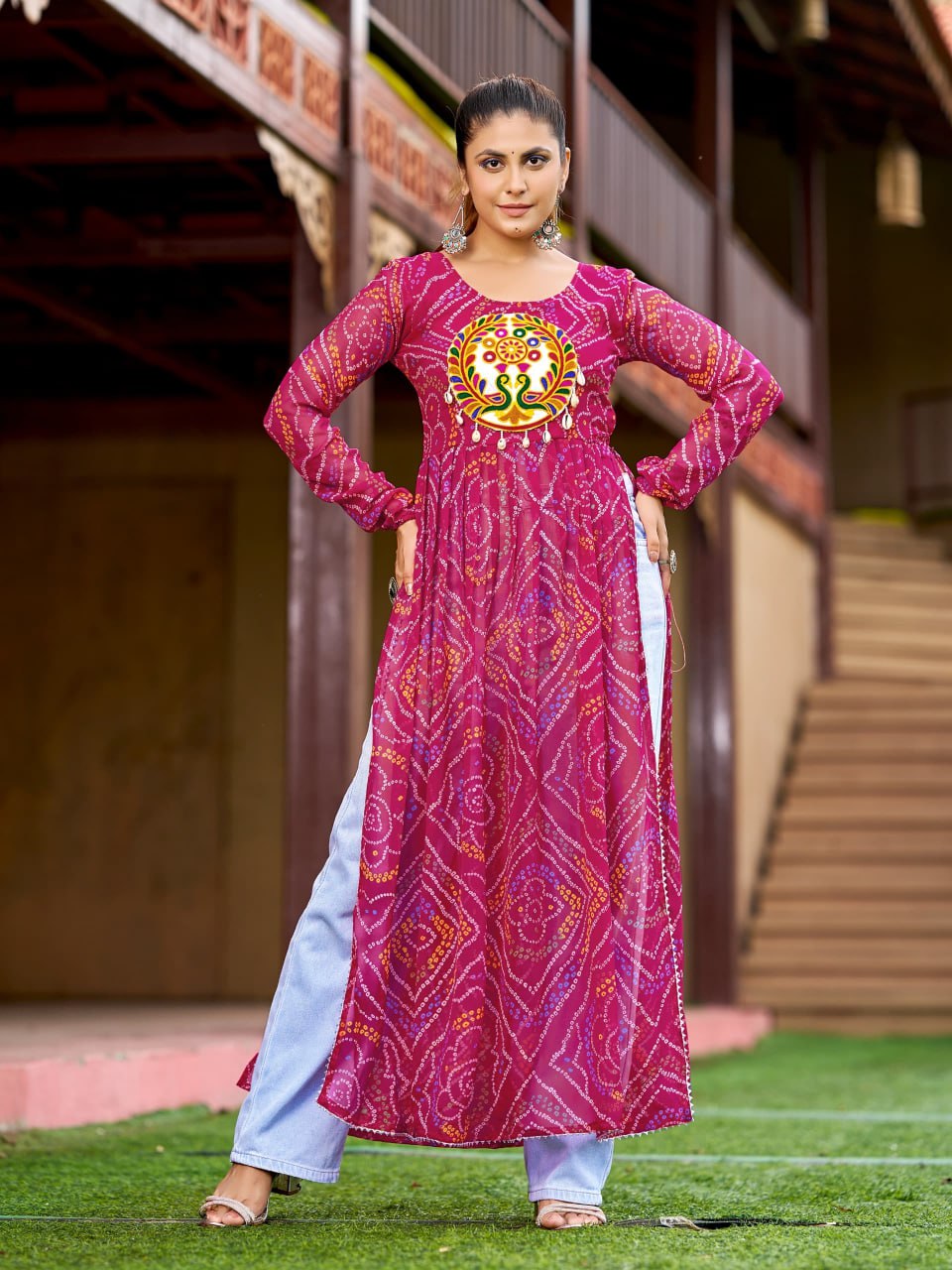 Prazu Fashion Pink Georgette Bandhani Print Work With Kutchi Patch-Work Navaratri Kurti | Grocsy