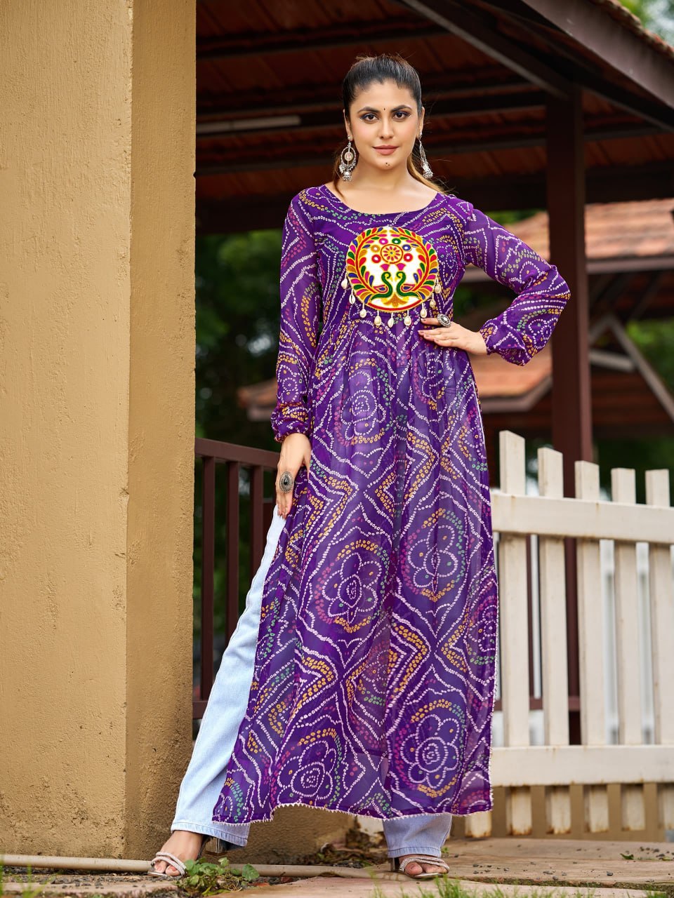 Prazu Fashion Purple Georgette Bandhani Print Work With Kutchi Patch-Work Navaratri Kurti | Grocsy