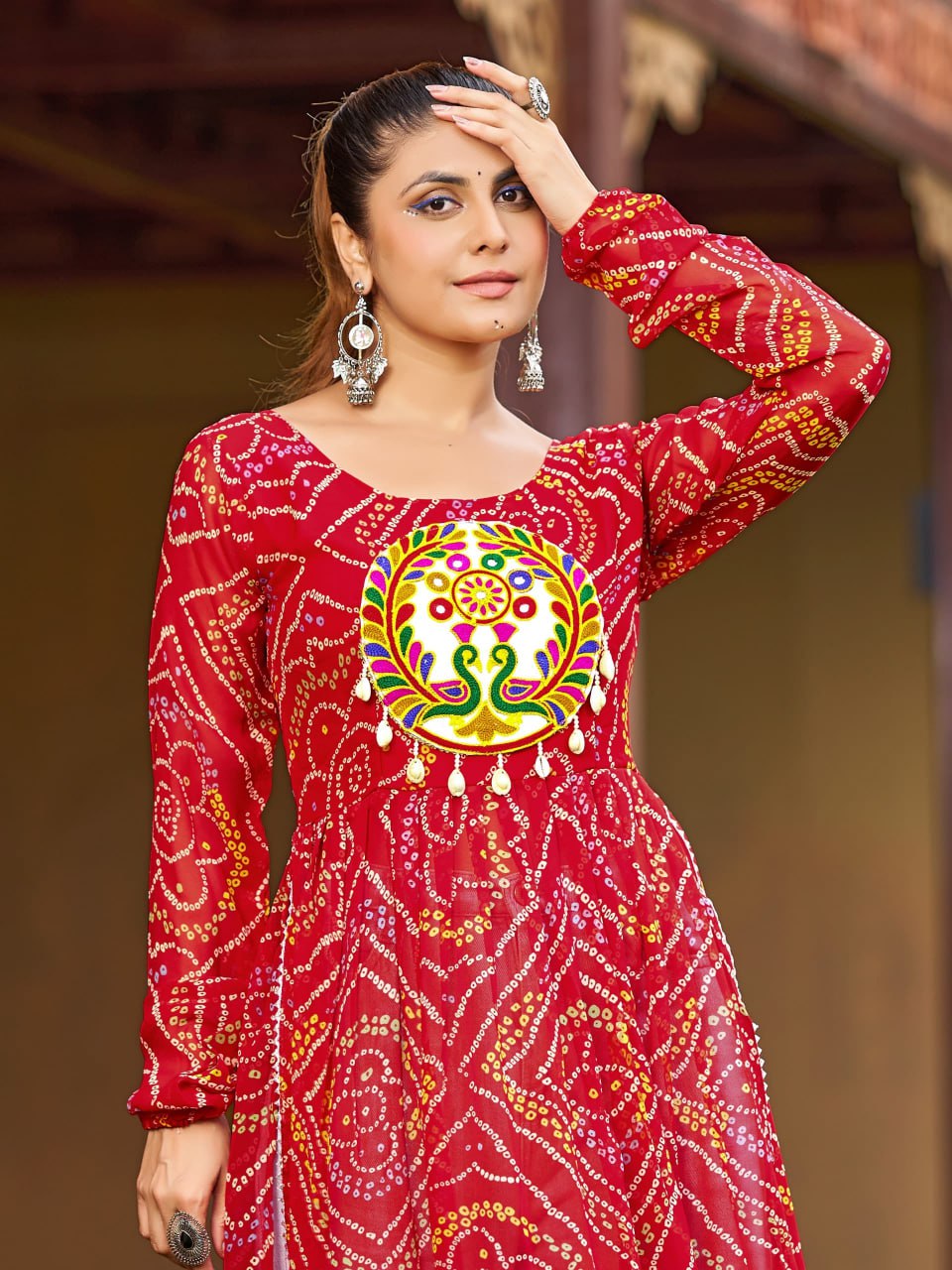 Prazu Fashion Red Georgette Bandhani Print Work With Kutchi Patch-Work Navaratri Kurti | Grocsy