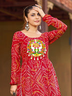 Prazu Fashion Red Georgette Bandhani Print Work With Kutchi Patch-Work Navaratri Kurti | Grocsy