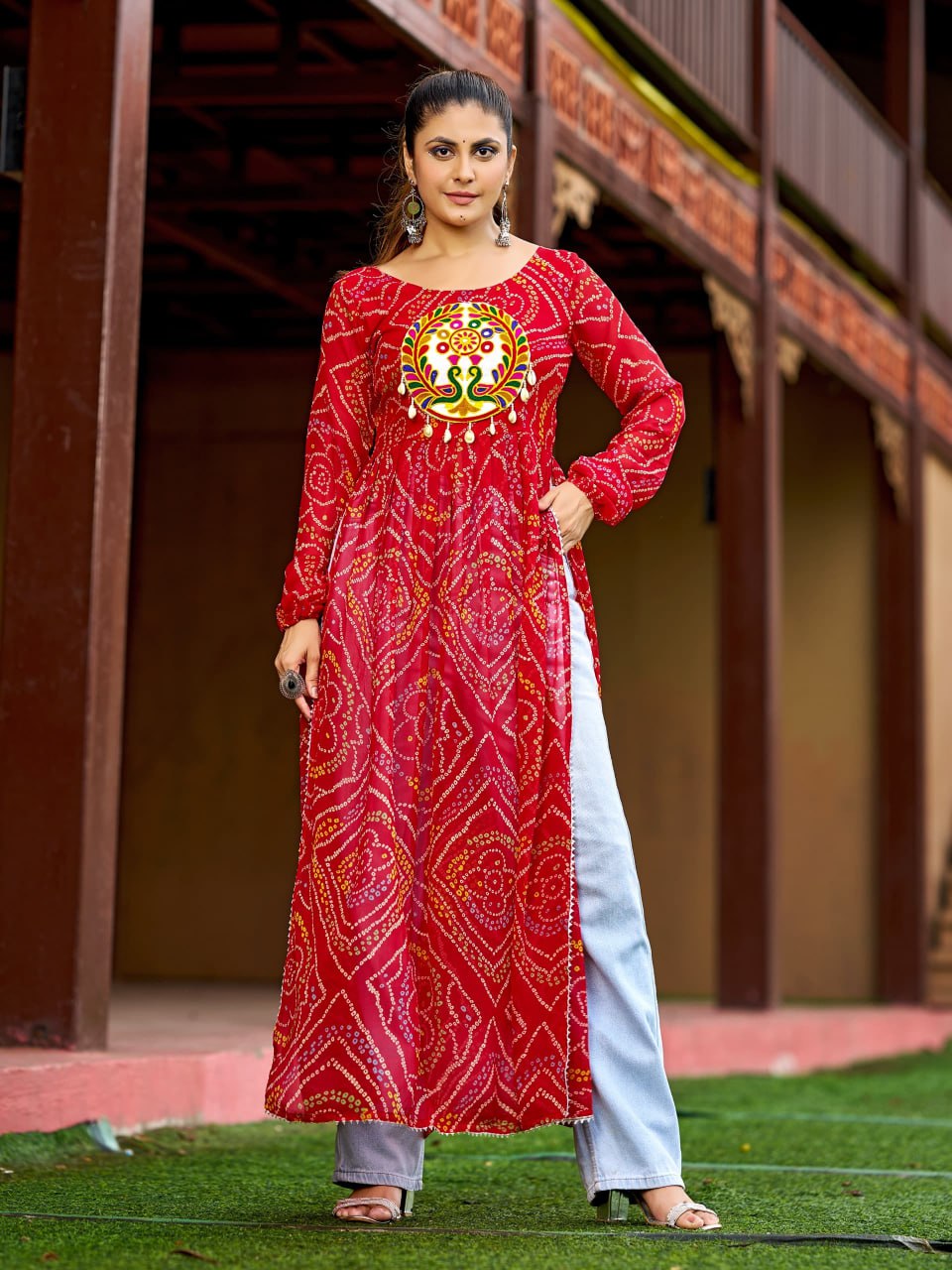 Prazu Fashion Red Georgette Bandhani Print Work With Kutchi Patch-Work Navaratri Kurti | Grocsy