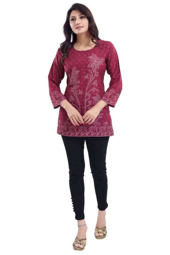 Snehal Creations Magenta Faux Crepe Short Kurti Tunic Top | Grocsy