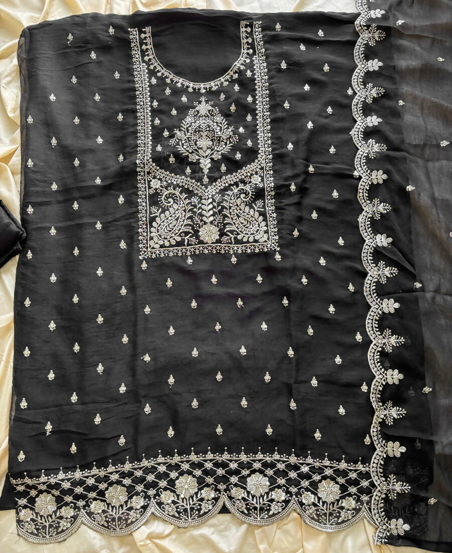 KC Black Wedding Wear Embroidered Crush Silk Salwar Suit | Grocsy