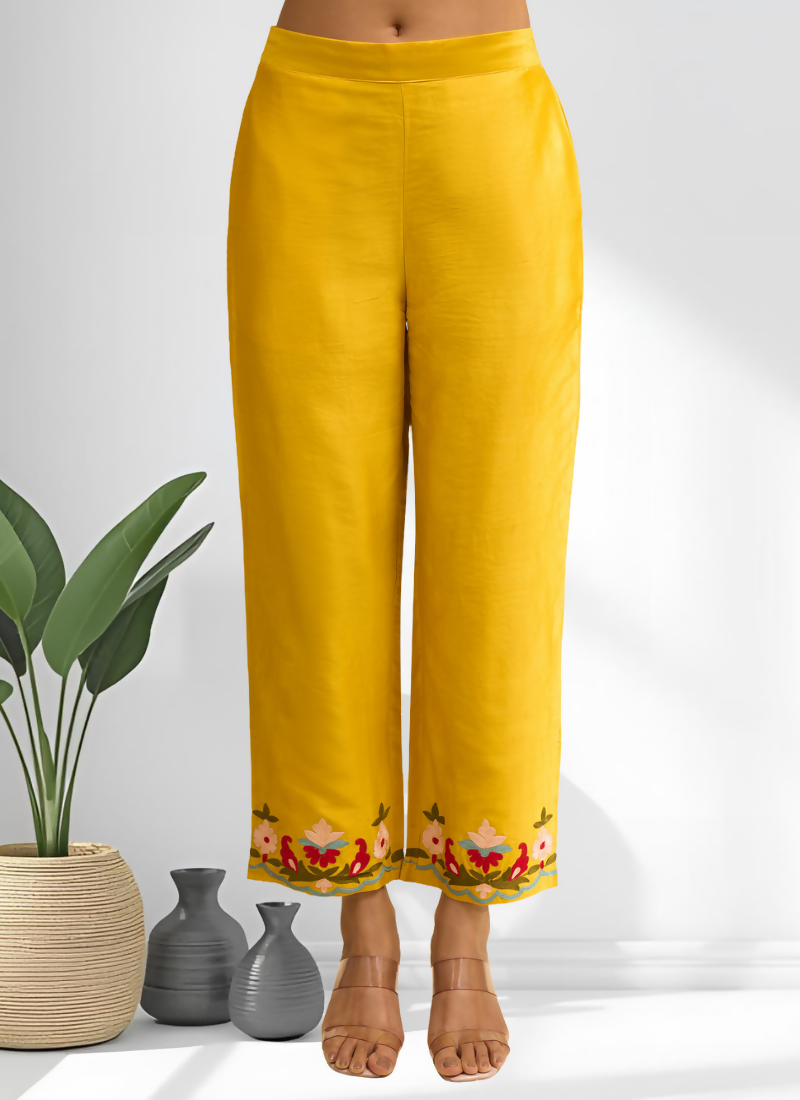 Joban Fashion Yellow Silk Embroidered Readymade Long Kurta With Pant | Grocsy