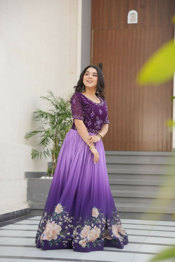 Vastranavya Purple Faux Blooming With Beads Embroidered work and Rich Floral Pedding Digital Print Gown | Grocsy