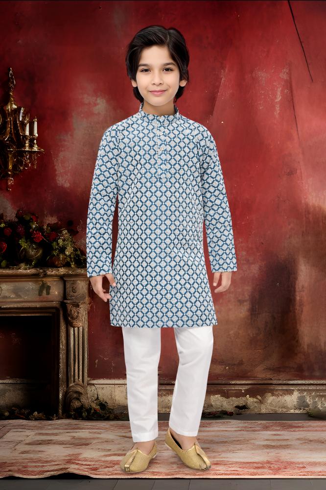 Neera Trendz Blue Cotton Thread Embroidery Kid's Kurta Pajama | Grocsy