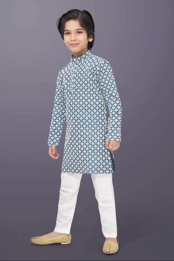 Neera Trendz Blue Cotton Thread Embroidery Kid's Kurta Pajama | Grocsy