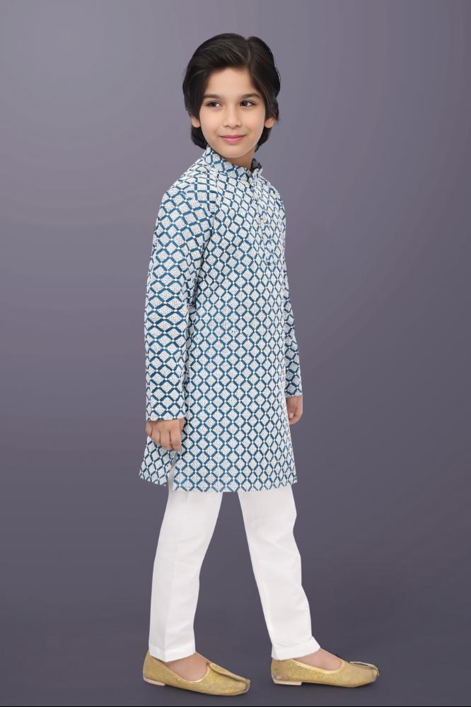 Neera Trendz Blue Cotton Thread Embroidery Kid's Kurta Pajama | Grocsy