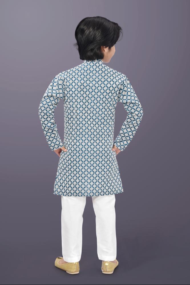 Neera Trendz Blue Cotton Thread Embroidery Kid's Kurta Pajama | Grocsy