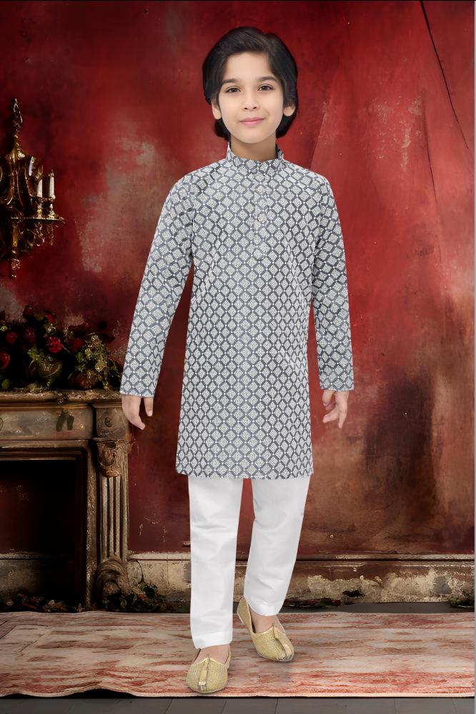 Neera Trendz Grey Cotton Thread Embroidery Kid's Kurta Pajama | Grocsy