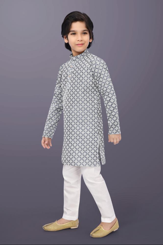 Neera Trendz Grey Cotton Thread Embroidery Kid's Kurta Pajama | Grocsy