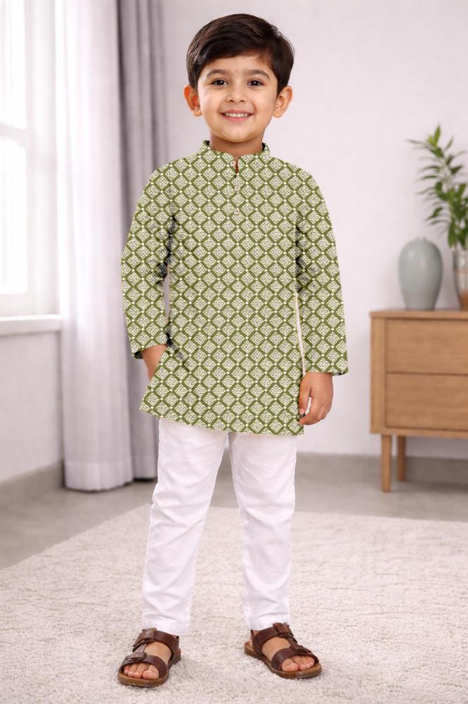 Neera Trendz Olive Cotton Thread Embroidery Kid's Kurta Pajama | Grocsy