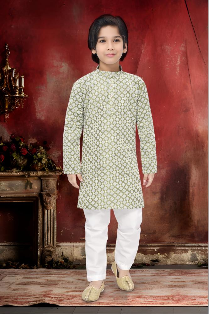 Neera Trendz Olive Cotton Thread Embroidery Kid's Kurta Pajama | Grocsy
