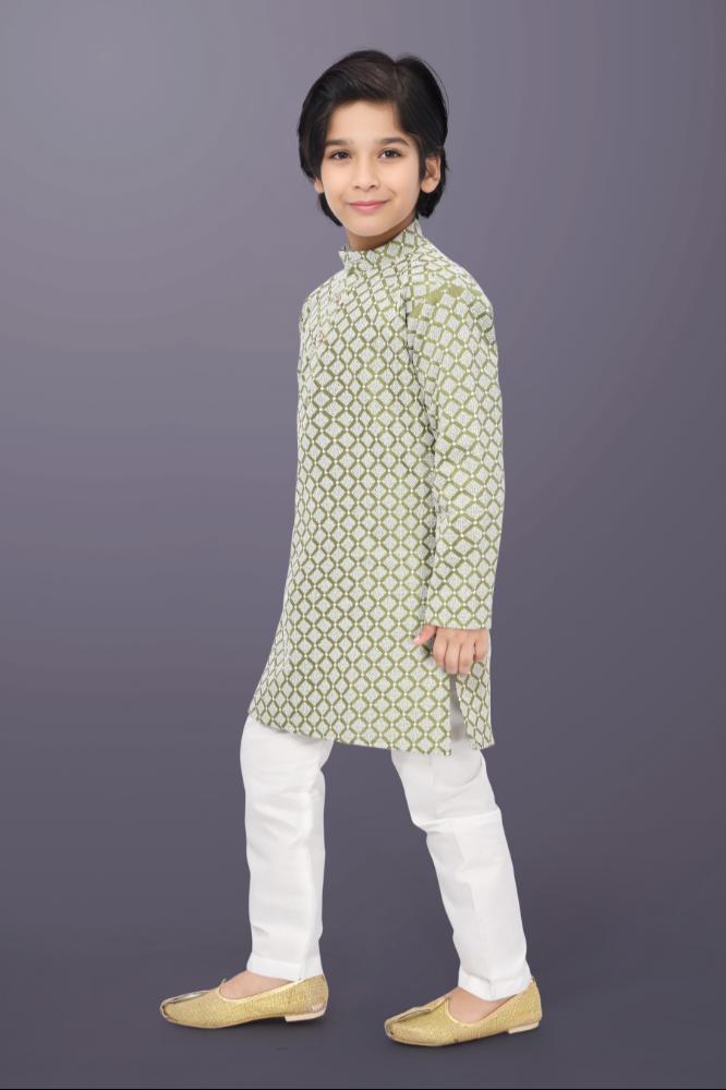 Neera Trendz Olive Cotton Thread Embroidery Kid's Kurta Pajama | Grocsy