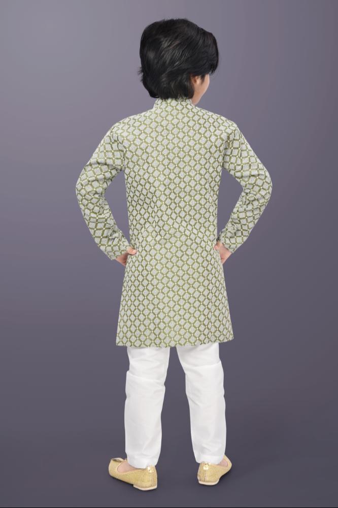 Neera Trendz Olive Cotton Thread Embroidery Kid's Kurta Pajama | Grocsy
